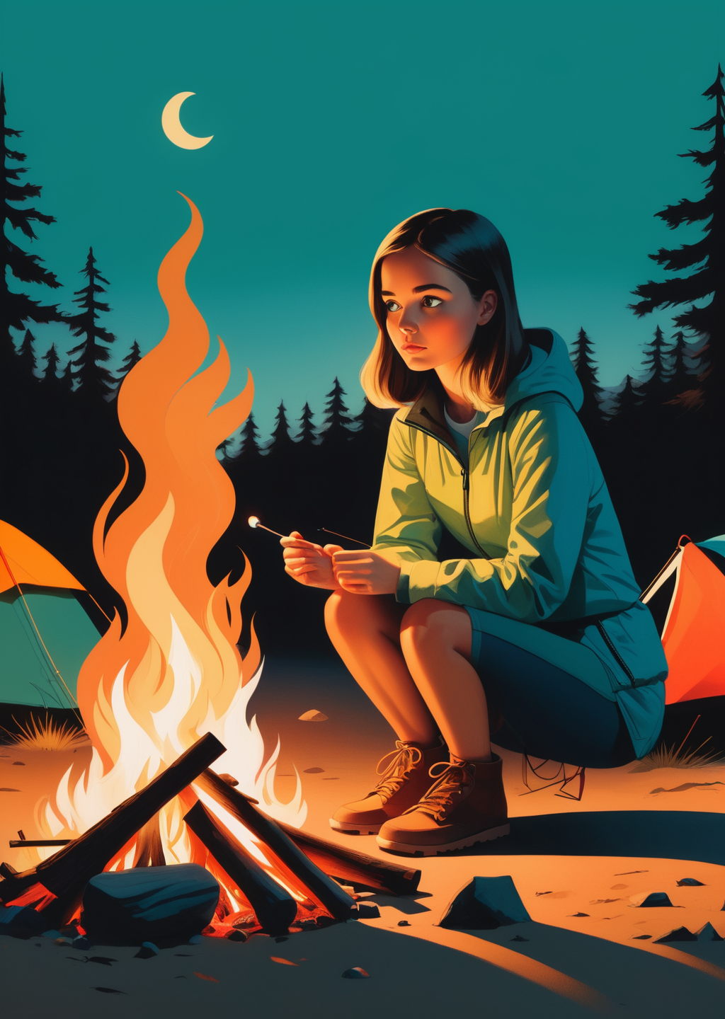 00465-2028760913-1 young woman_dutch angle _close up_camping _camp fire_shore _shadow__cartoon  surreal, whimsical_ (by Oliver Jeffers).png